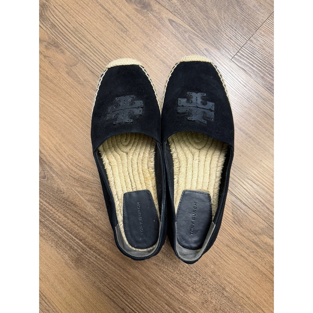 Tory Burch‎ Espadrille Black Platform Slides Leather Suede Chunky Resort Luxury